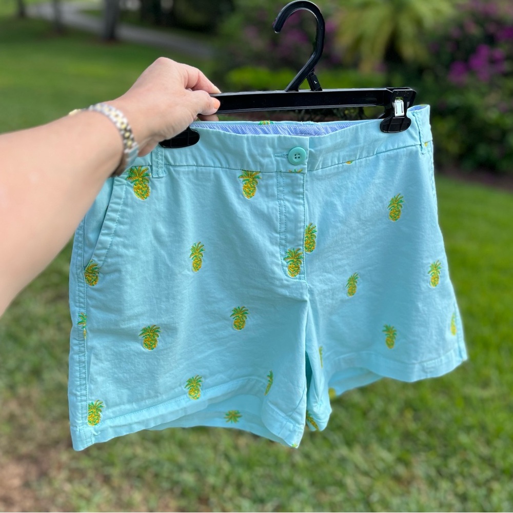 crown & ivy Light Blue Pineapple Embroidered Cotton Shorts